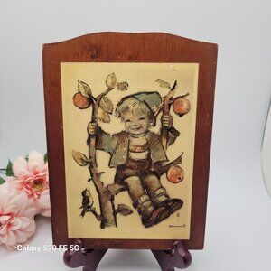 VINTAGE HUMMEL WALL PLAQUE-Boy in Apple Tree on Wood Background 5 x 7"